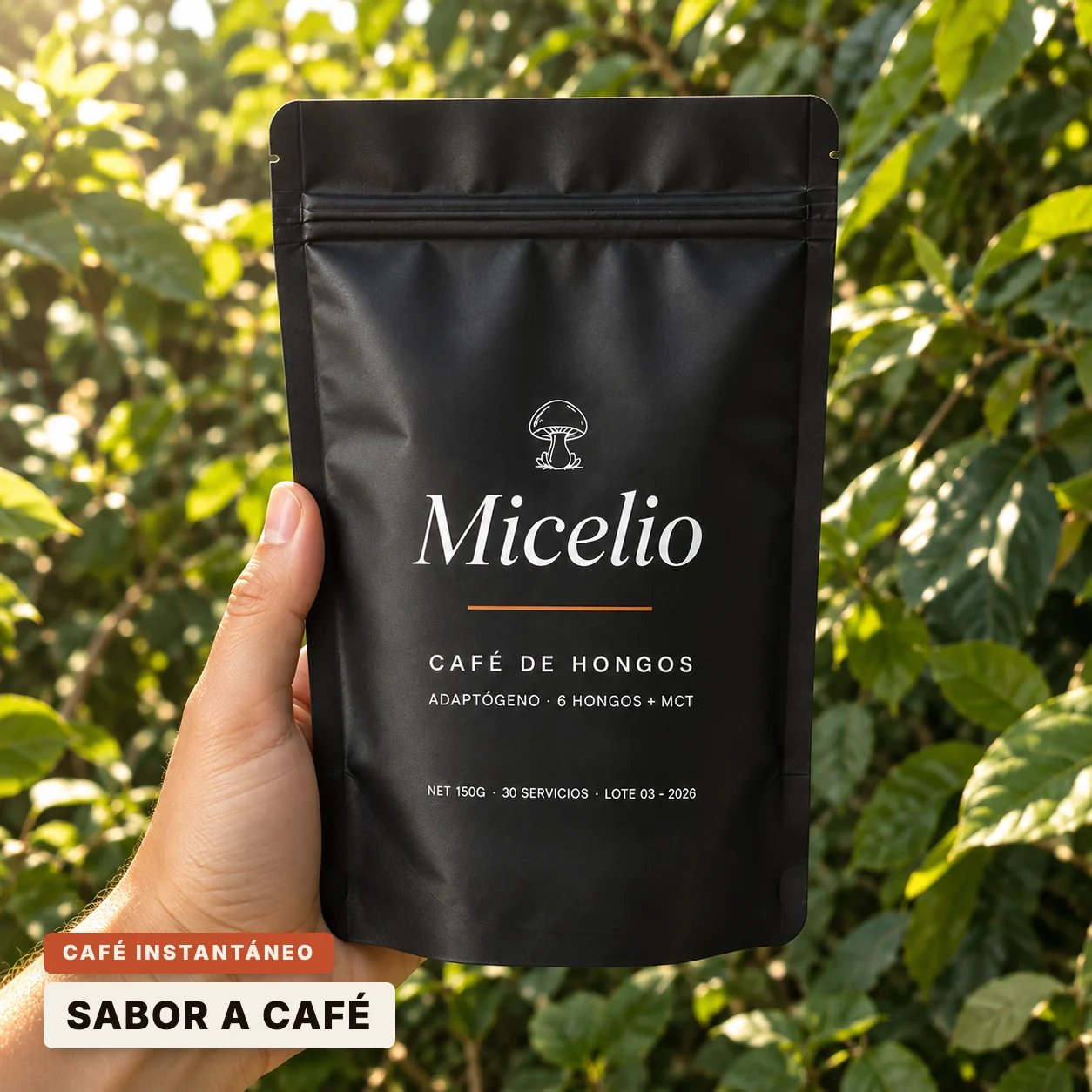 MICELIO — Café de hongos adaptógenos, paquete de 150 g sostenido en la mano